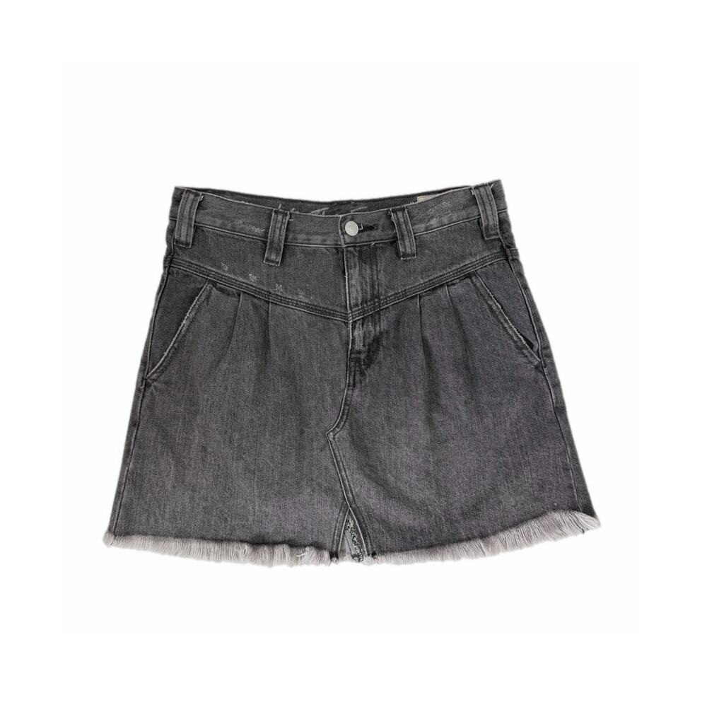 We the Free People Sidecar Raw Hem Fringe Black Faded Denim Cotton MIni Skirt